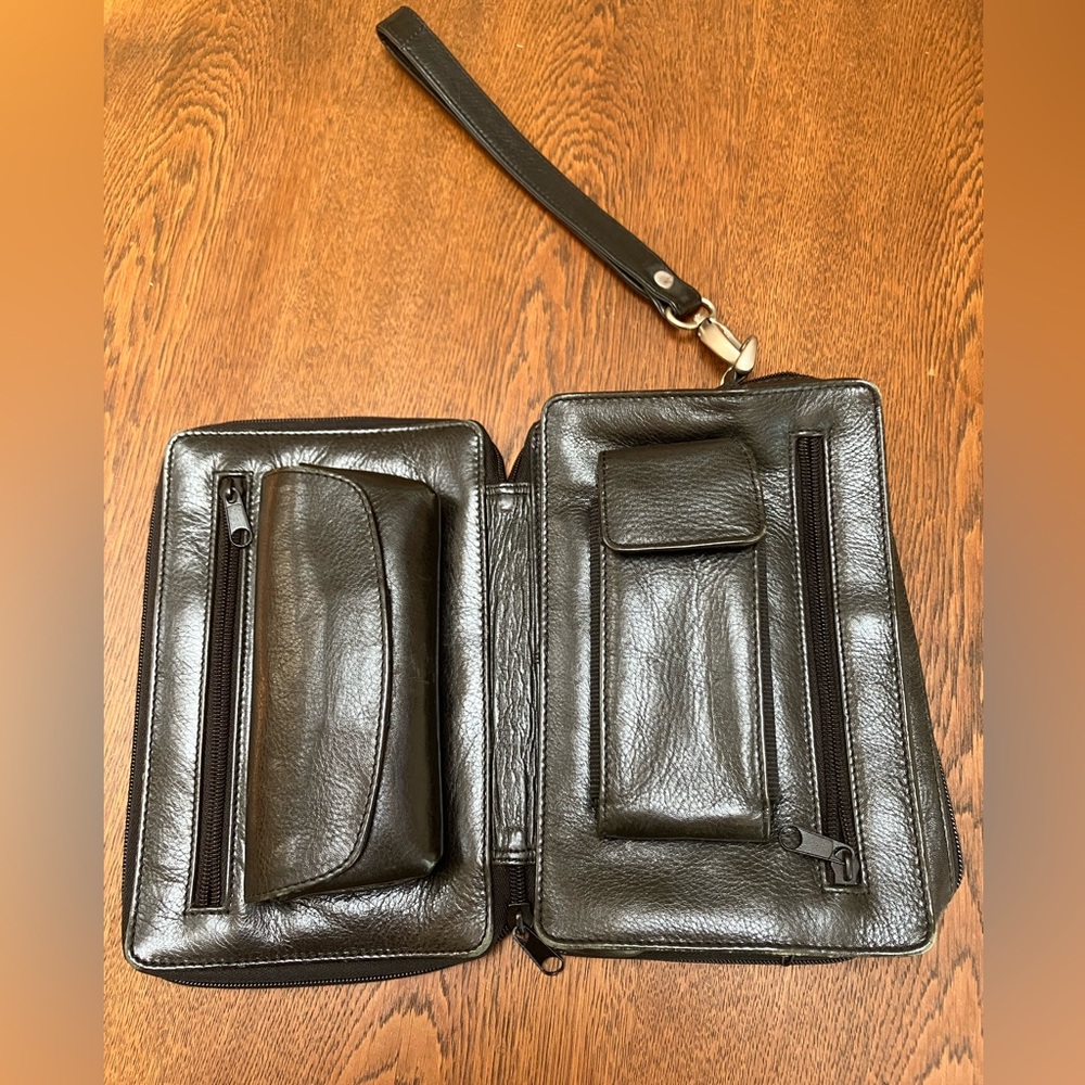 Black never used organizer bag-lots sections- glasses-phone-cards-w/carry strap.